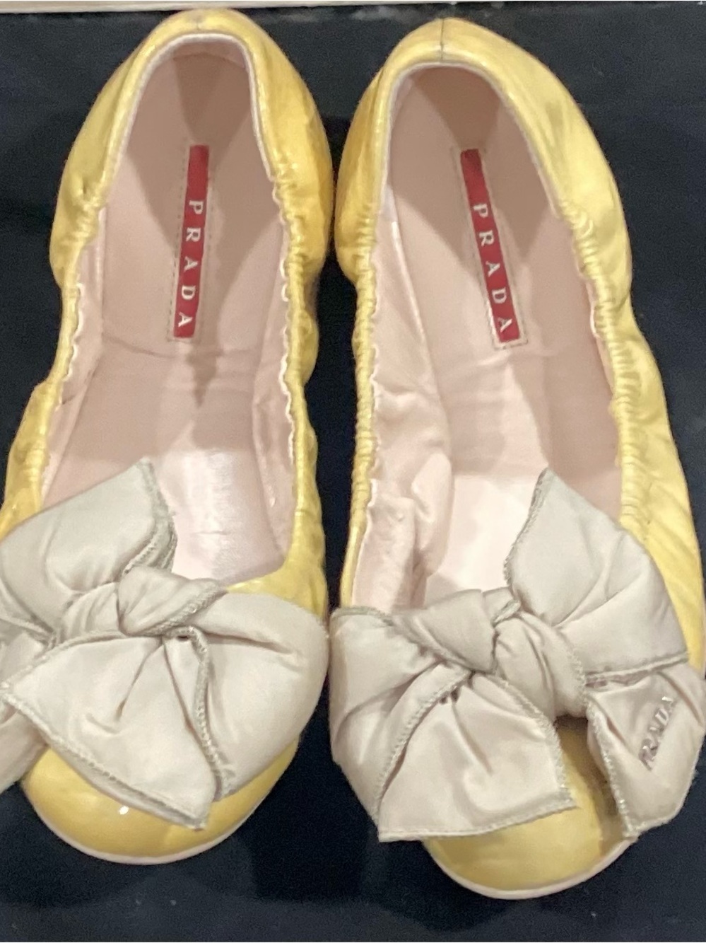 Prada Yellow Leather Ballet Flats with Cream Bow